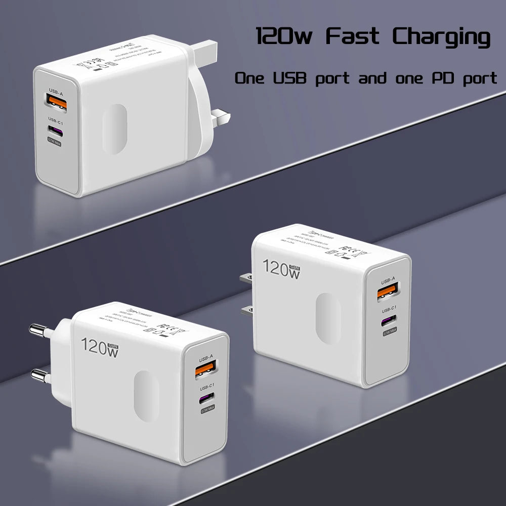 120W Fast Charger USB Type C PD Cable Fast Charging Quick Charge 3.0 Adapter for Iphone Xiaomi Samsung Oneplus Pixel Cellphones
